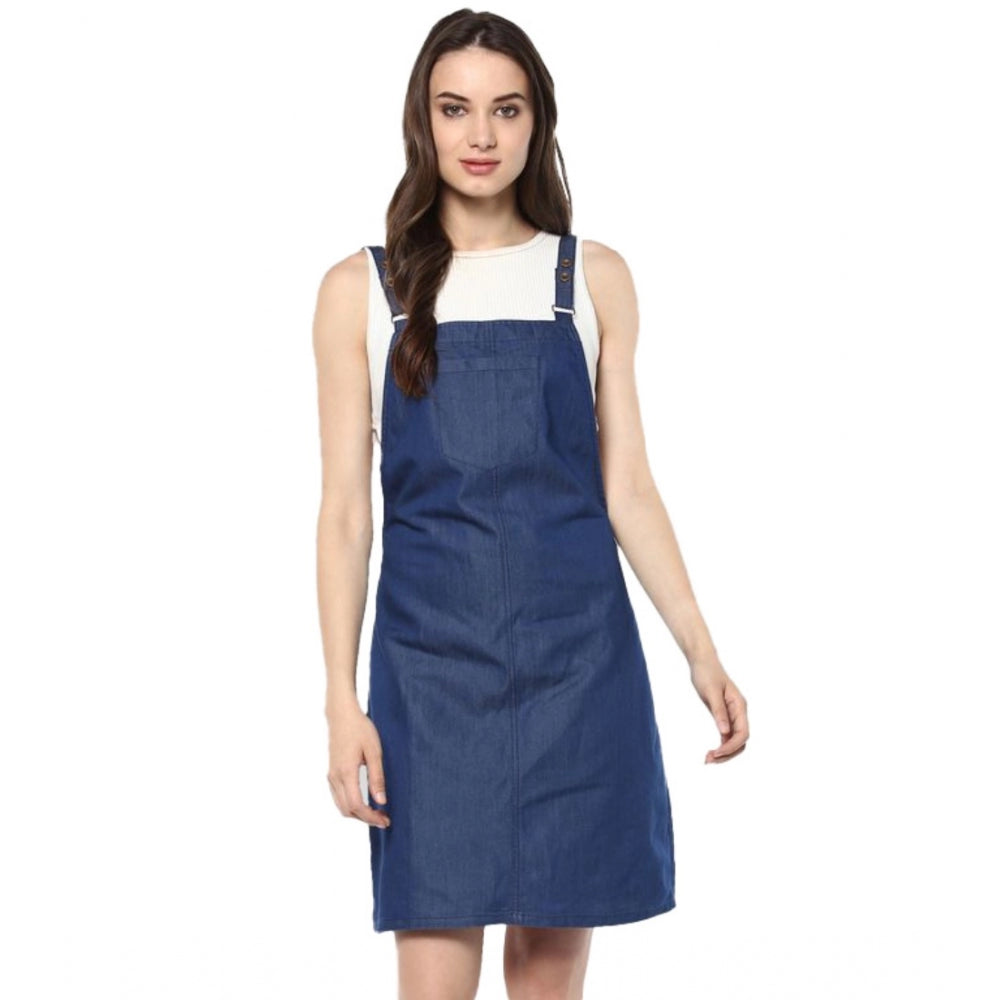 Amfyn Women's Denim Solid Shoulder Straps Above Knee Dress (Blue)
