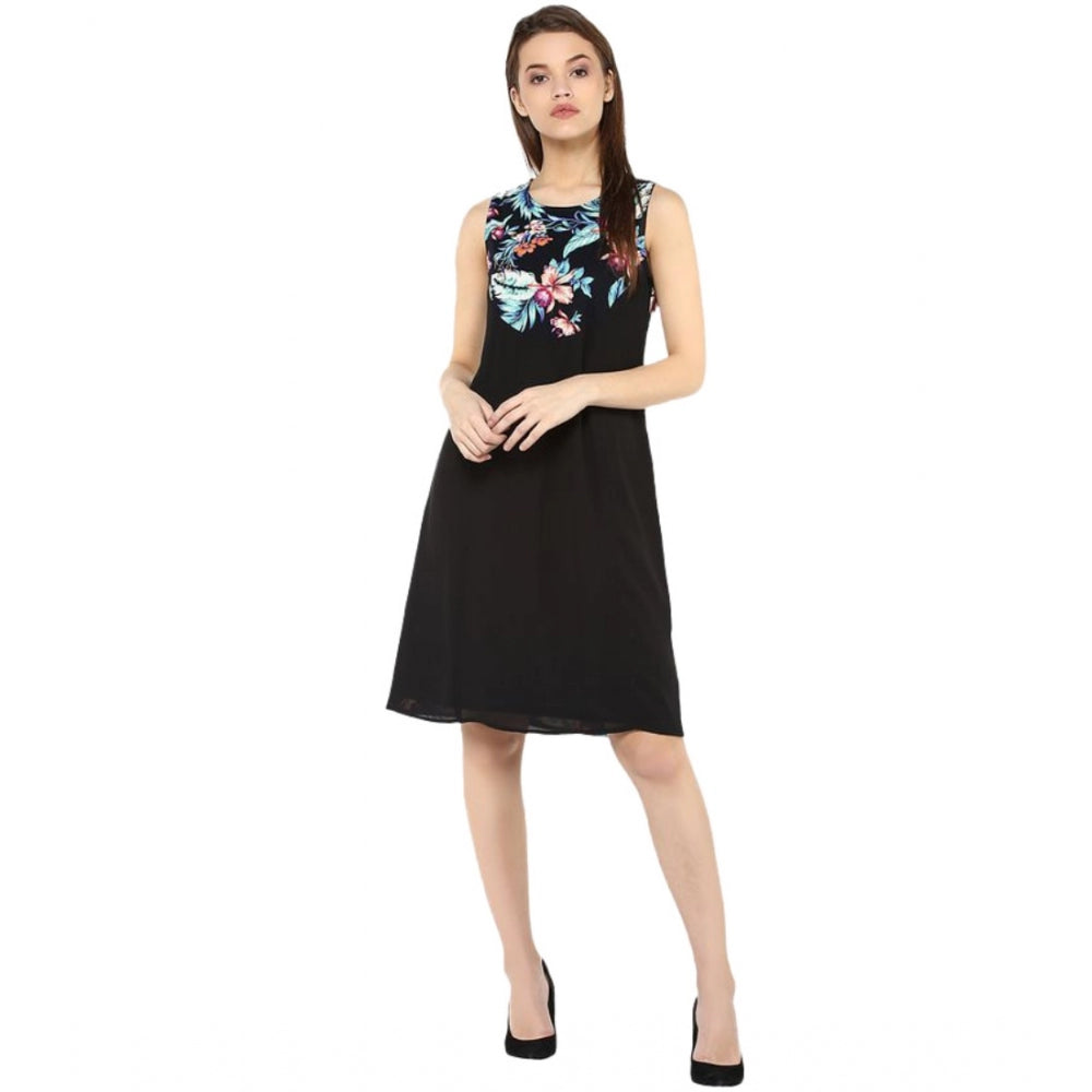 Amfyn Women's Polyester Printed Sleeveless Above Knee Dress (Black - Multicolor)