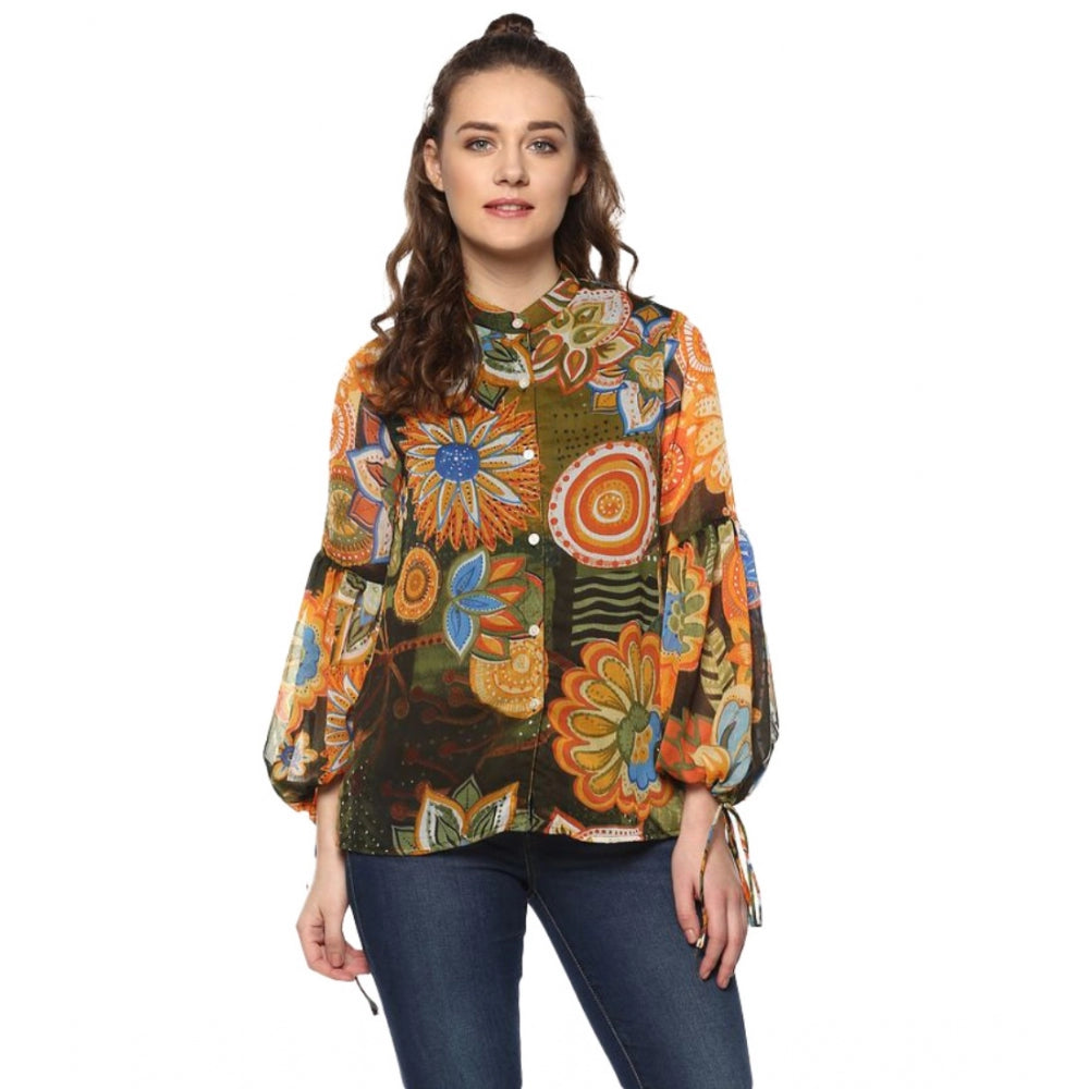 Amfyn Women's Polyester Floral Balloon Sleeve Top (Mustard - Olive)