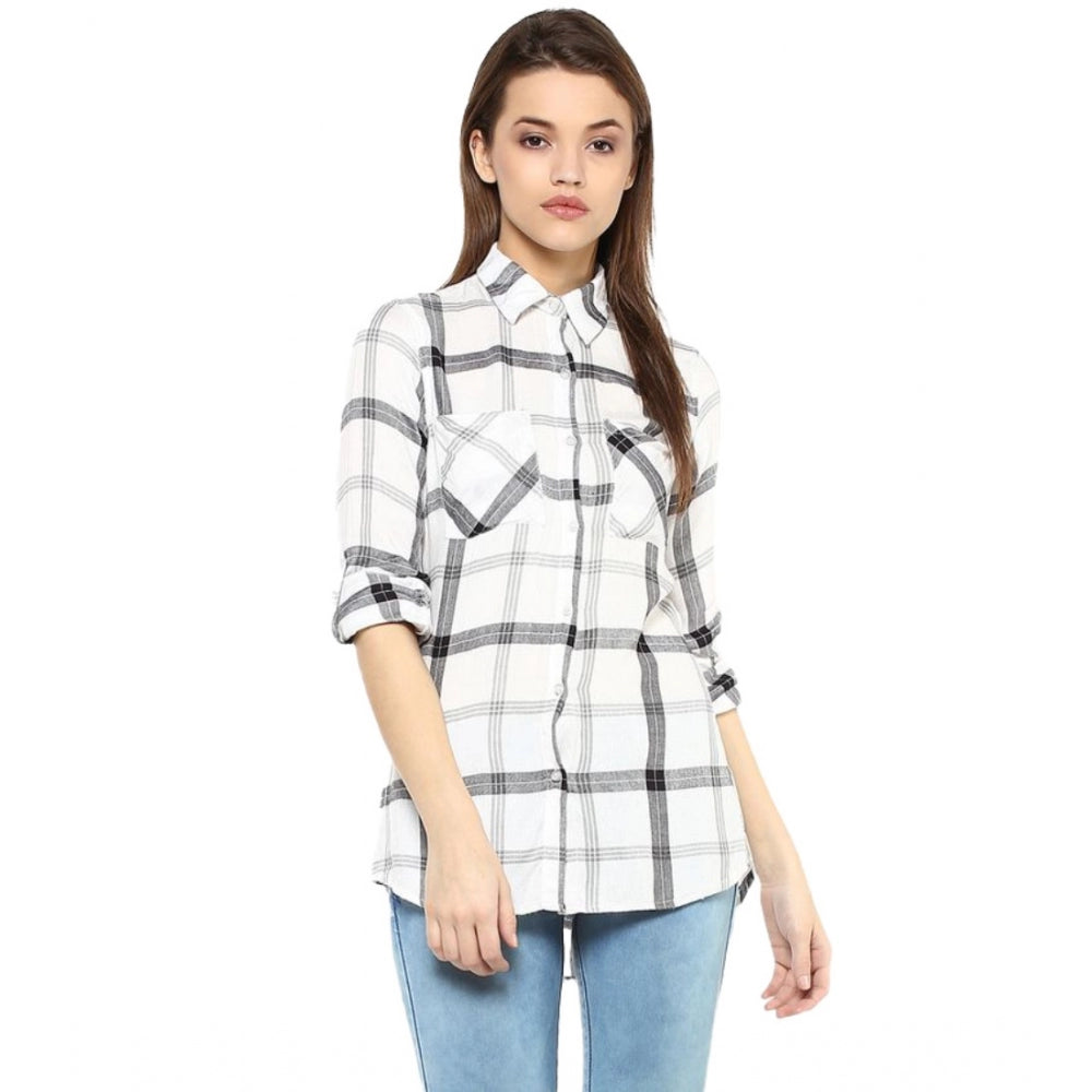 Amfyn Women's Rayon Checkered Long Sleeves Standard Length Shirt (Black - White)