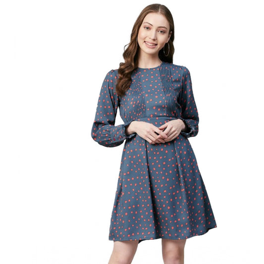 Amfyn Women's Polyester Polka Long Sleeves Above Knee Dress (Grey - Coral)