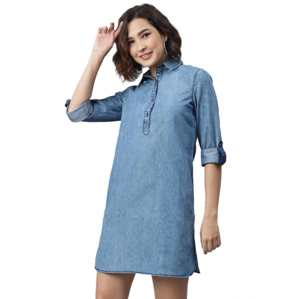 Amfyn Women's Denim Solid Long Sleeves Above Knee Dress (Ice Blue)