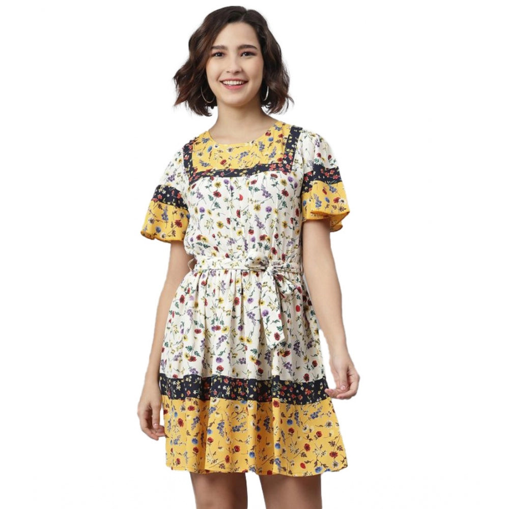 Amfyn Women's Polyester Floral Flutter Above Knee Dress (Multicolor)