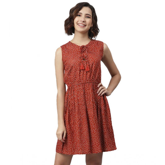 Amfyn Women's Rayon Polka Sleeveless Above Knee Dress (Rust)