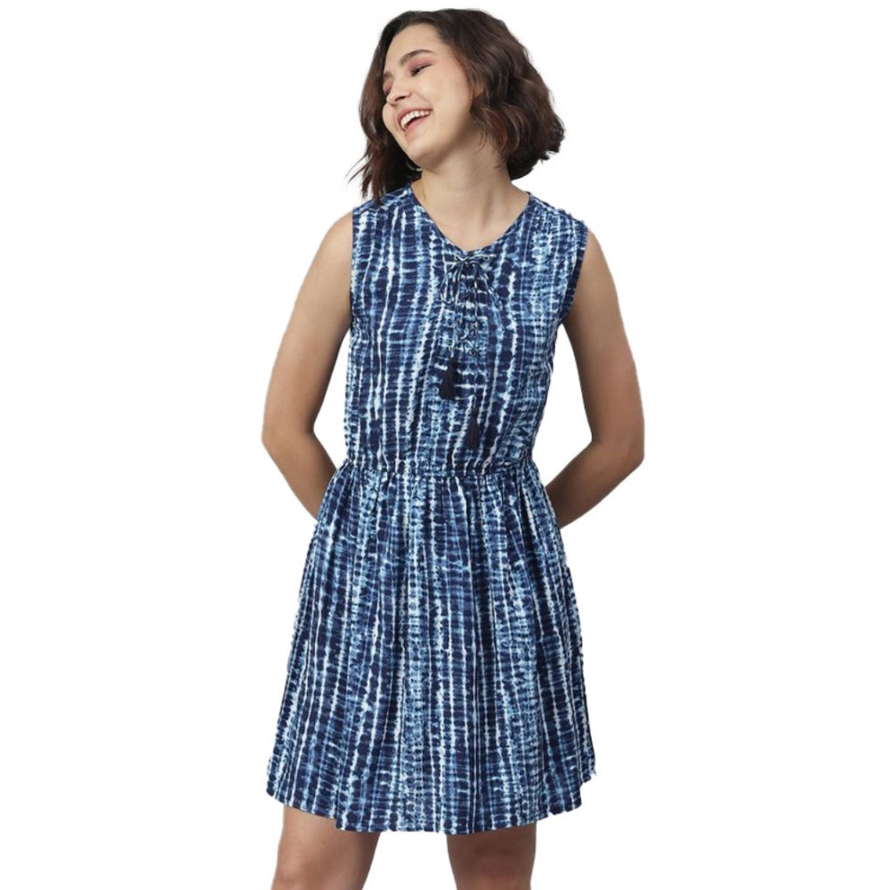 Amfyn Women's Rayon Tie &amp; Dye Sleeveless Above Knee Dress (Blue)