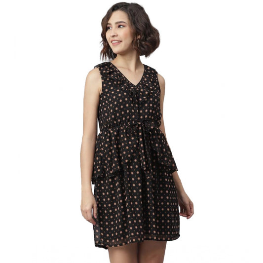 Amfyn Women's Polyester Peplum Sleeveless Above Knee Dress (Black)