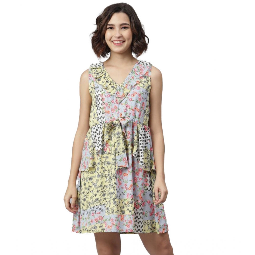 Amfyn Women's Polyester Peplum Sleeveless Above Knee Dress (Multicolor)
