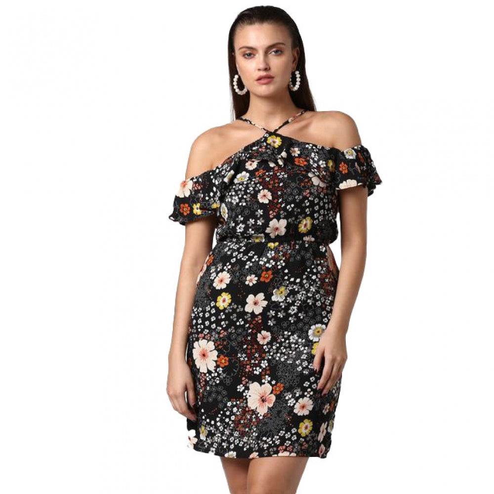 Amfyn Women's Polyester Floral Cold Shoulder Above Knee Dress (Black)