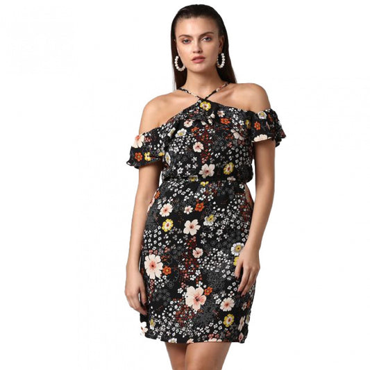 Amfyn Women's Polyester Floral Cold Shoulder Above Knee Dress (Black)