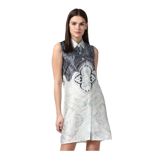 Amfyn Women's Polyester Printed Sleeveless Above Knee Dress (Blue)