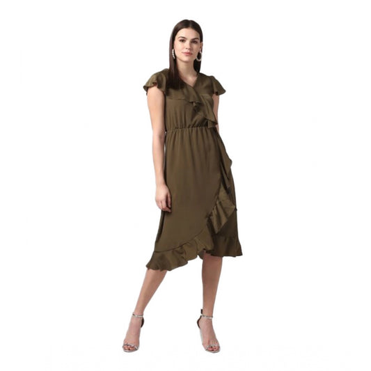 Amfyn Women's Polyester Ruffled Cap Sleeve Knee-Length Dress (Olive)