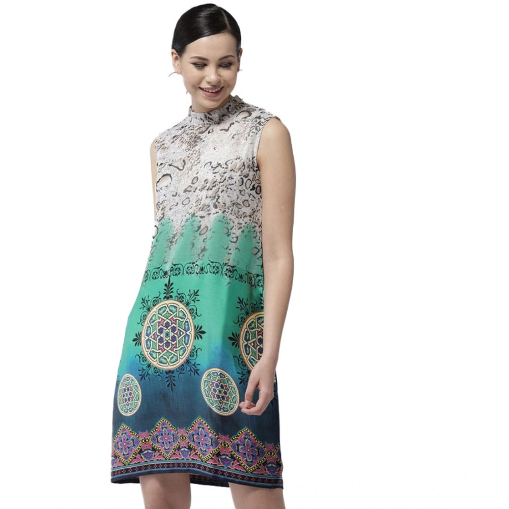 Amfyn Women's Polyester Printed Sleeveless Above Knee Dress (Multicolor)