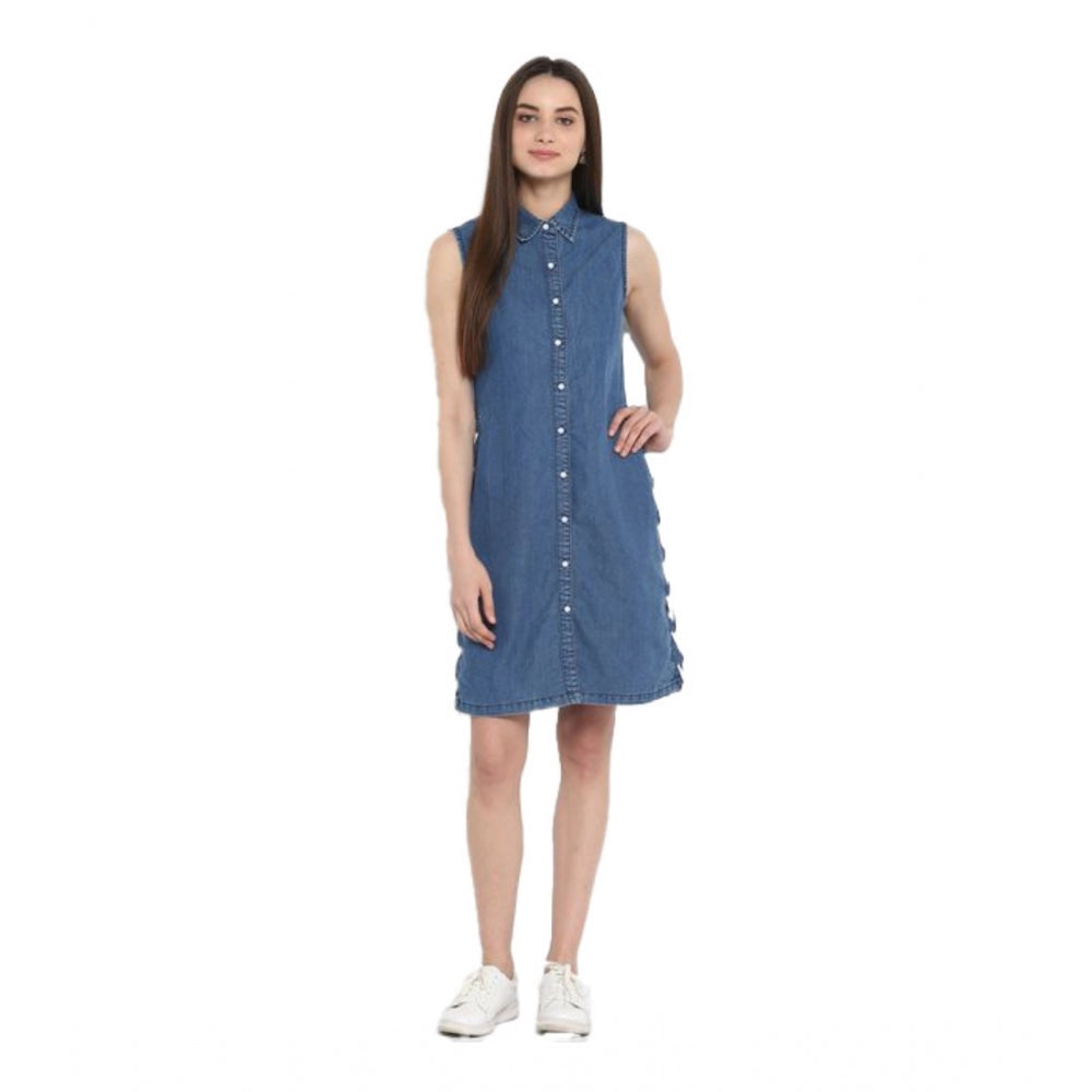 Amfyn Women's Denim Solid Sleeveless Above Knee Dress (Blue)