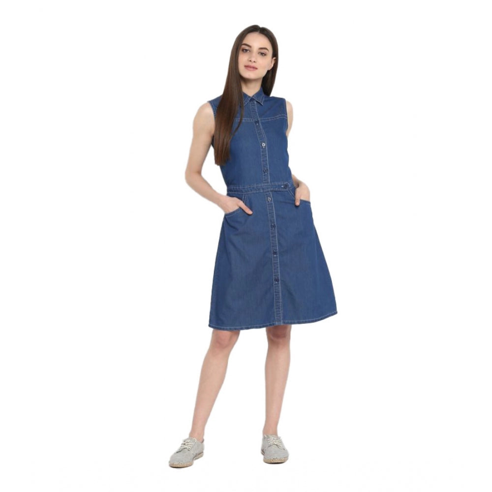 Amfyn Women's Denim Solid Sleeveless Above Knee Dress (Blue)
