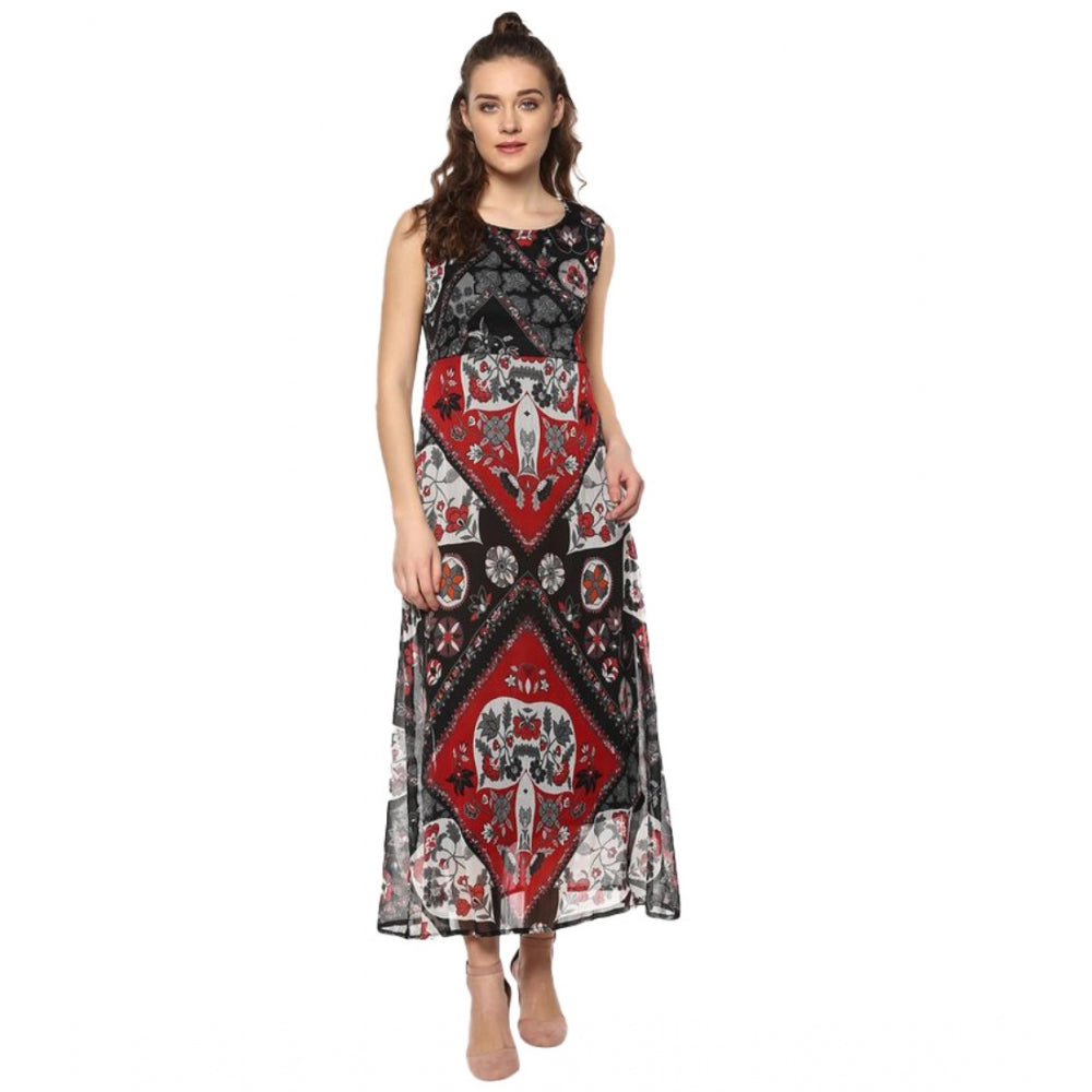 Amfyn Women's Polyester Printed Sleeveless Dress (Red - Black)