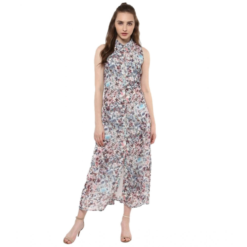 Amfyn Women's Polyester Chiffon Printed Sleeveless Dress (Multicolor)