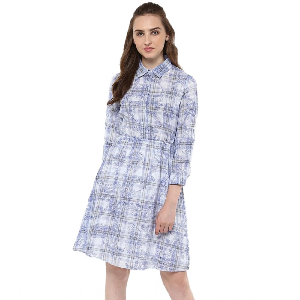 Amfyn Women's Cotton Checkered Roll Up Sleeve Above Knee Dress (Blue)