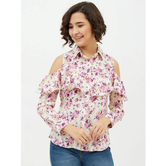Amfyn Women's Polyester Floral Cold Shoulder Standard Length Shirt (White)