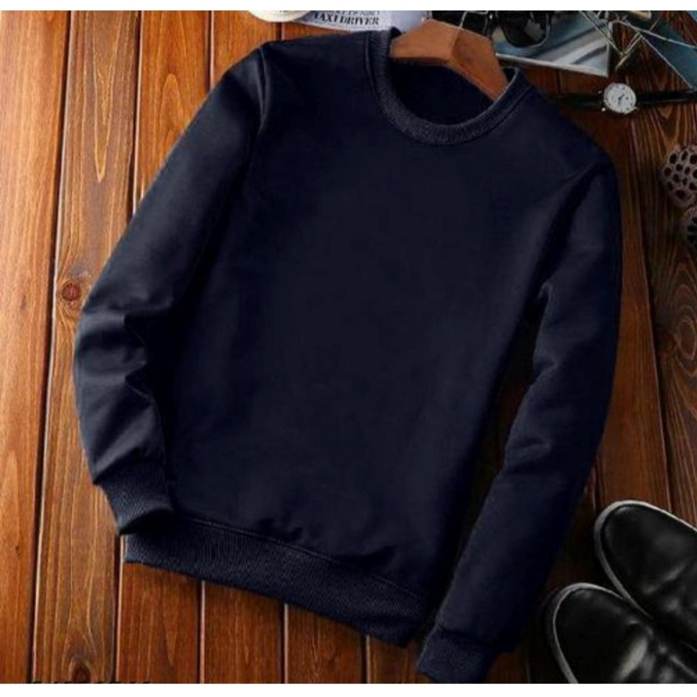 Amfyn Men's Casual Fleece Solid Round Neck Long Sleeves Sweatshirt (Navy Blue)
