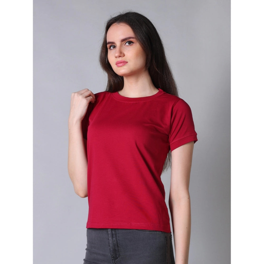 Amfyn Women's Cotton Blended Solid Round Neck Half Sleeve T-Shirt (Maroon)