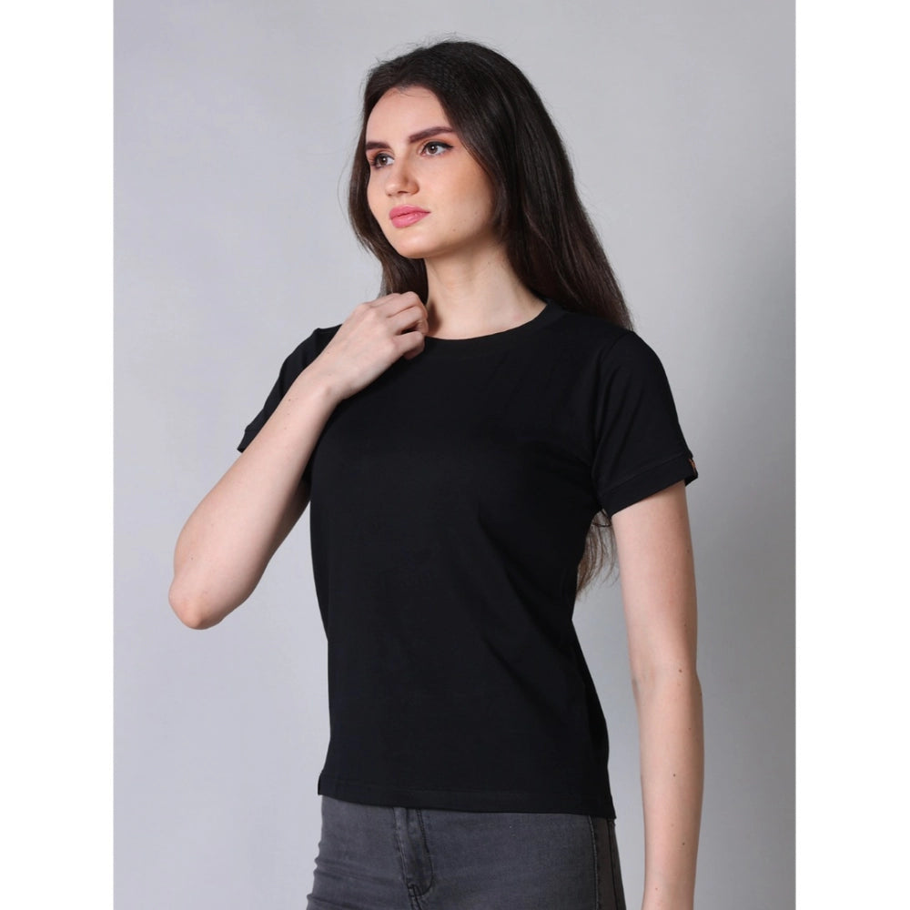 Amfyn Women's Cotton Blended Solid Round Neck Half Sleeve T-Shirt (Black)