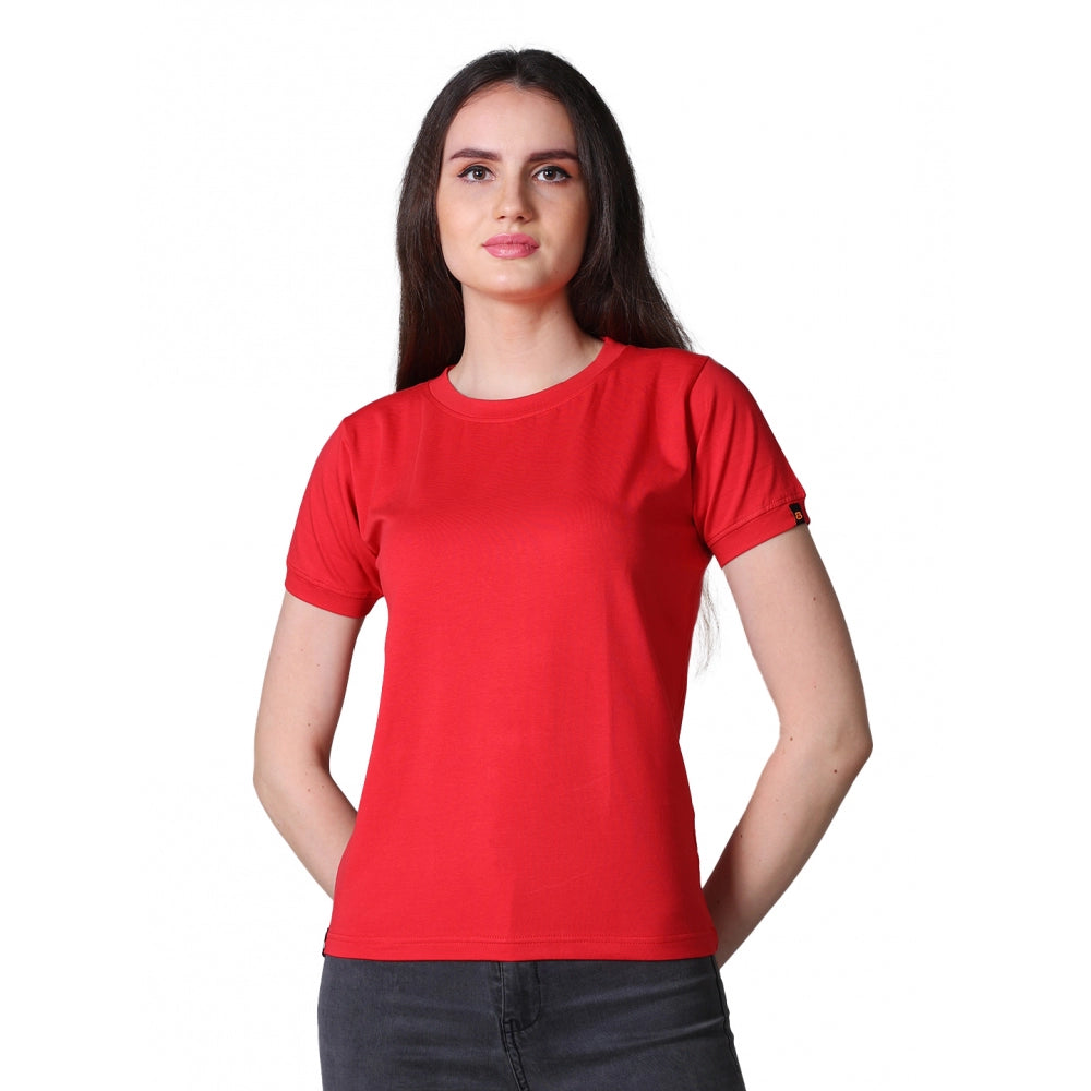 Amfyn Women's Cotton Blended Solid Round Neck Half Sleeve T-Shirt (Red)