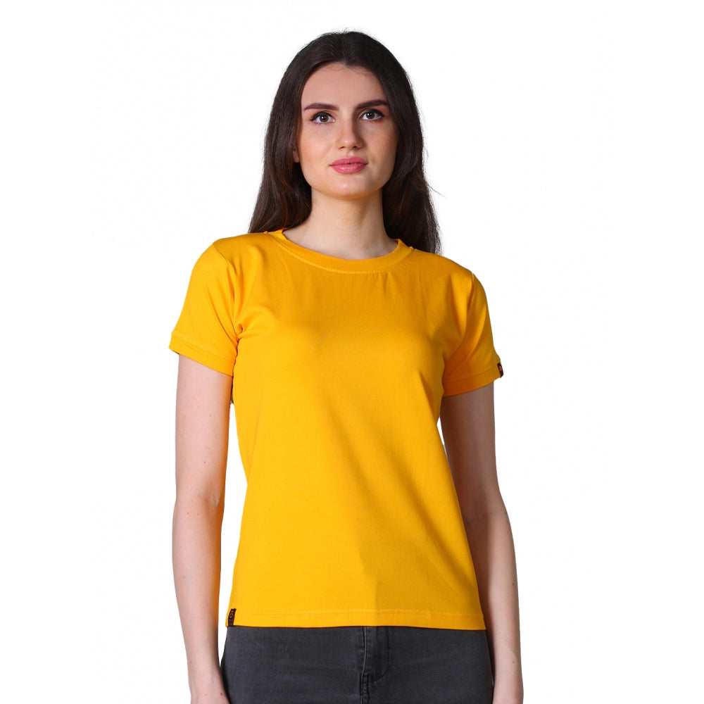 Amfyn Women's Cotton Blended Solid Round Neck Half Sleeve T-Shirt (Mustard)