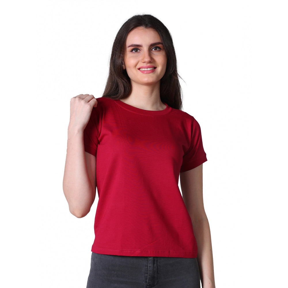 Amfyn Women's Cotton Blended Solid Round Neck Half Sleeve T-Shirt (Maroon)