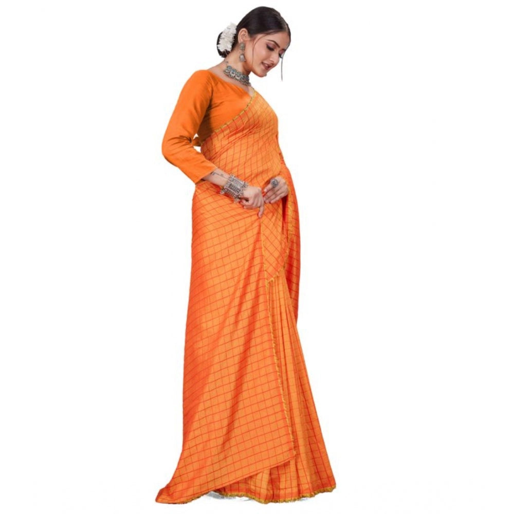 Amfyn Women's Vichitra Checked Saree With Unstitched Blouse (Orange, 5-5 Mtrs)