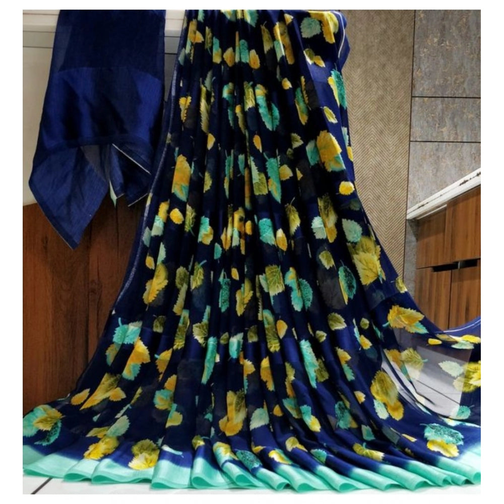 Amfyn Women's Sattin Patta Printed Saree With Unstitched Blouse (Blue, 5-5 Mtrs)