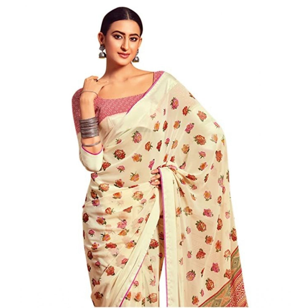 Amfyn Women's Sattin Patta Printed Saree With Unstitched Blouse (Cream, 5-5 Mtrs)