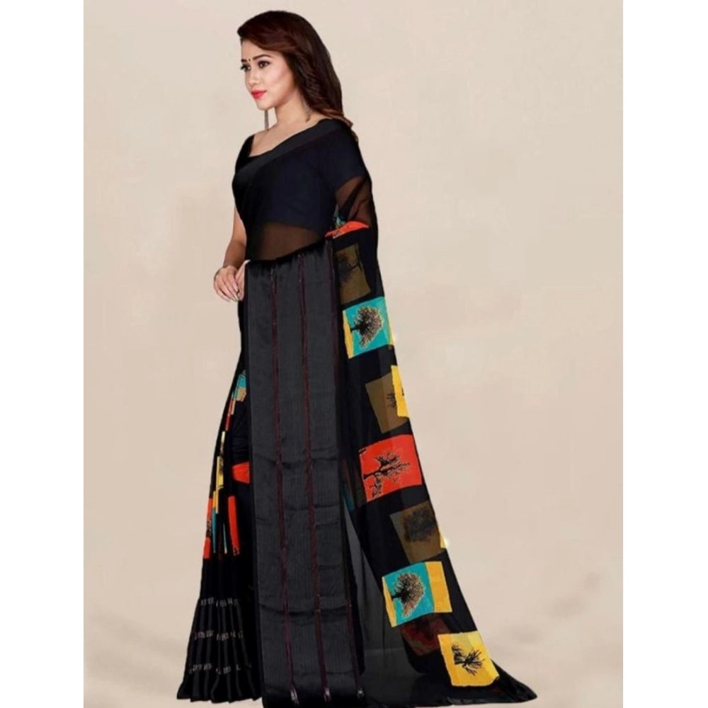 Amfyn Women's Sattin Patta Printed Saree With Unstitched Blouse (Black, 5-5 Mtrs)