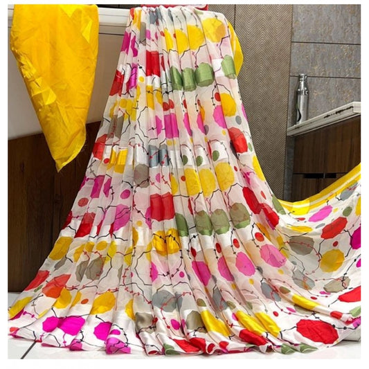 Amfyn Women's Sattin Patta Printed Saree With Unstitched Blouse (Yellow, 5-5 Mtrs)