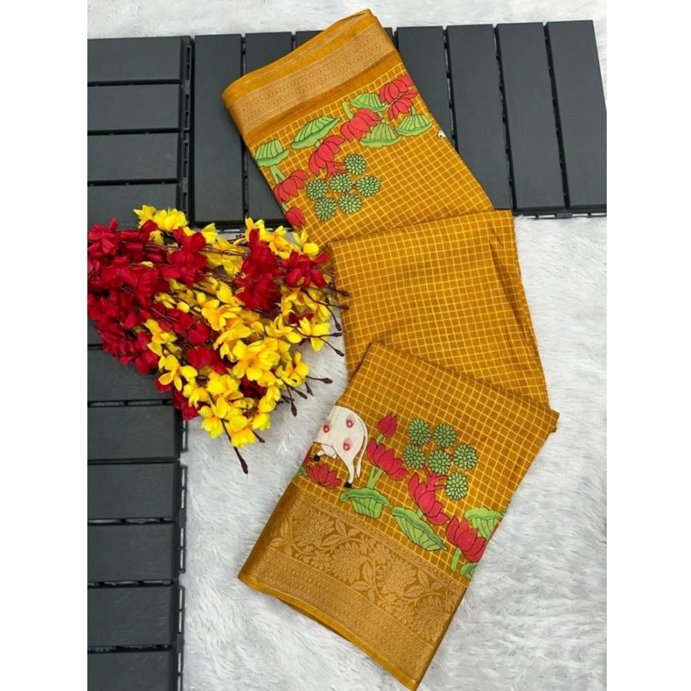 Amfyn Women's Dola Silk Printed Saree With Unstitched Blouse (Mustard, 5-5 Mtrs)