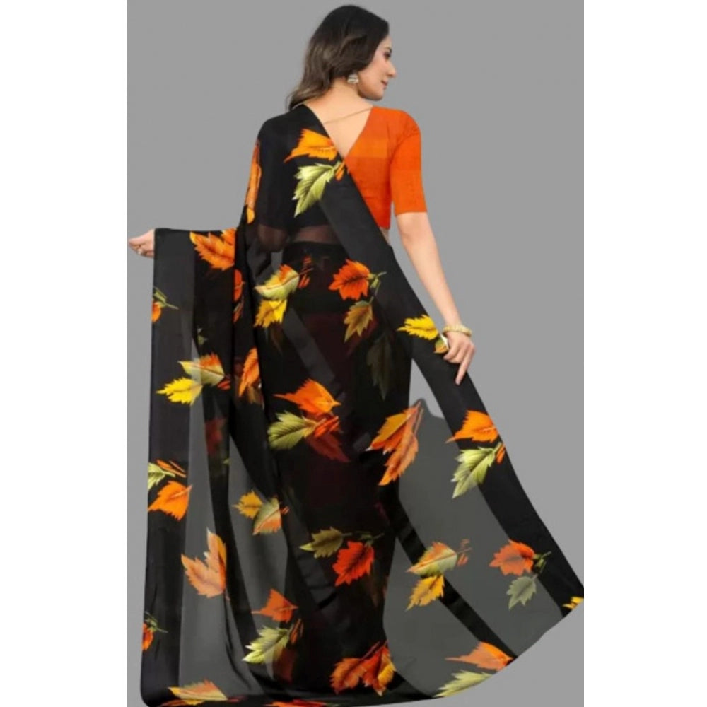 Amfyn Women's Sattin Patta Printed Saree With Unstitched Blouse (Black, 5-5 Mtrs)