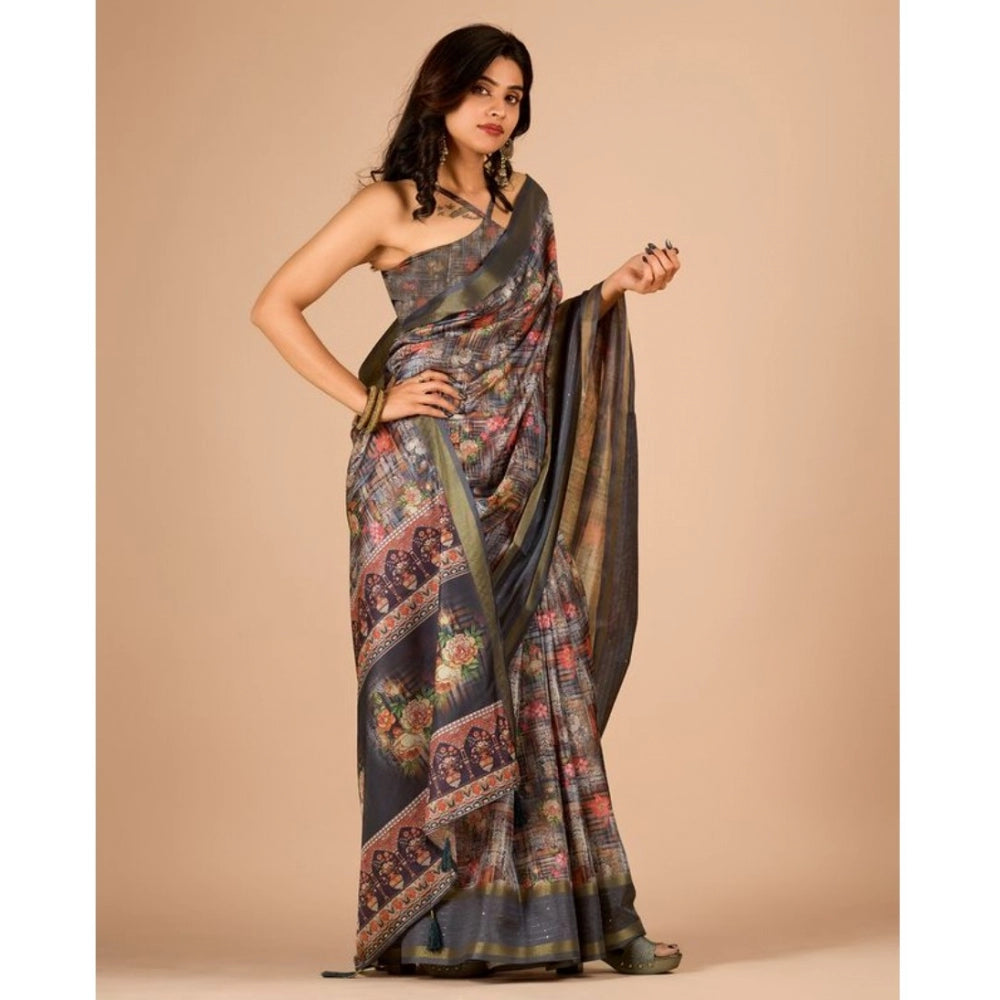 Amfyn Women's Digital Printed Saree With Unstitched Blouse (Grey, 5-5 Mtrs)