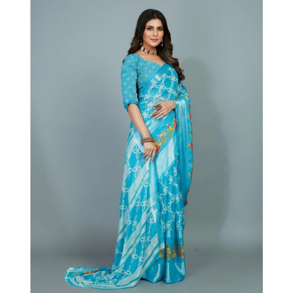 Amfyn Women's Moss Chiffon Printed Saree With Unstitched Blouse (Sky Blue, 5-5 Mtrs)
