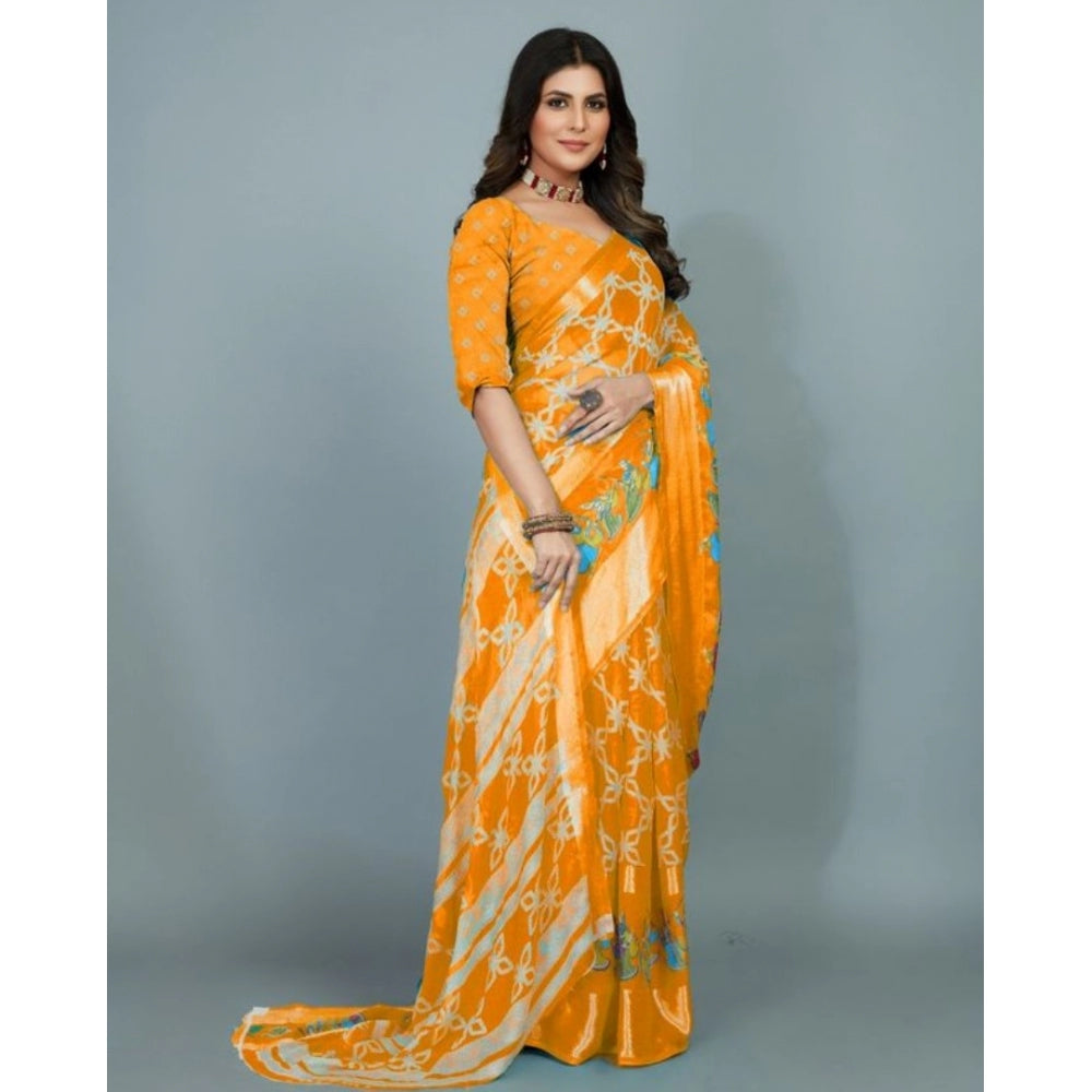 Amfyn Women's Moss Chiffon Printed Saree With Unstitched Blouse (Orange, 5-5 Mtrs)