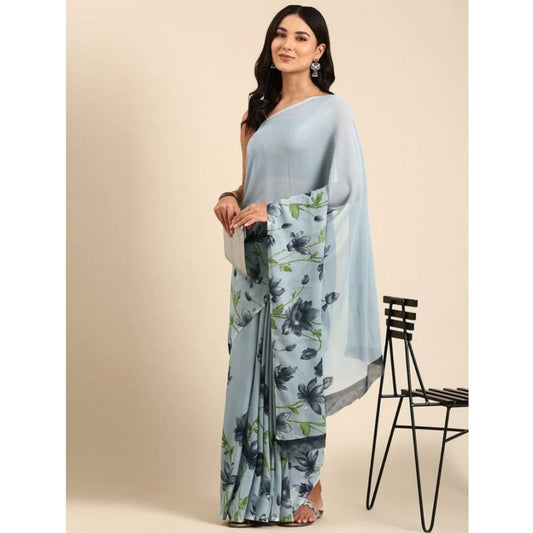 Amfyn Women's Georgette Printed Saree With Unstitched Blouse (Grey, 5-5 Mtrs)