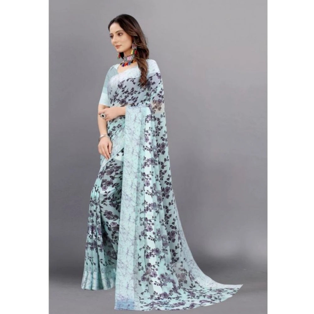 Amfyn Women's Sattin Patta Printed Saree With Unstitched Blouse (Grey, 5-5 Mtrs)
