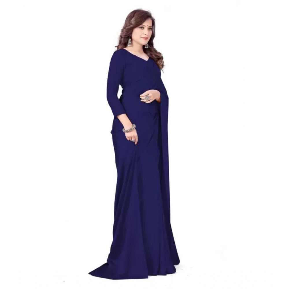 Amfyn Women's Georgette Solid Saree With Unstitched Blouse (Navyblue, 5-5 Mtrs)