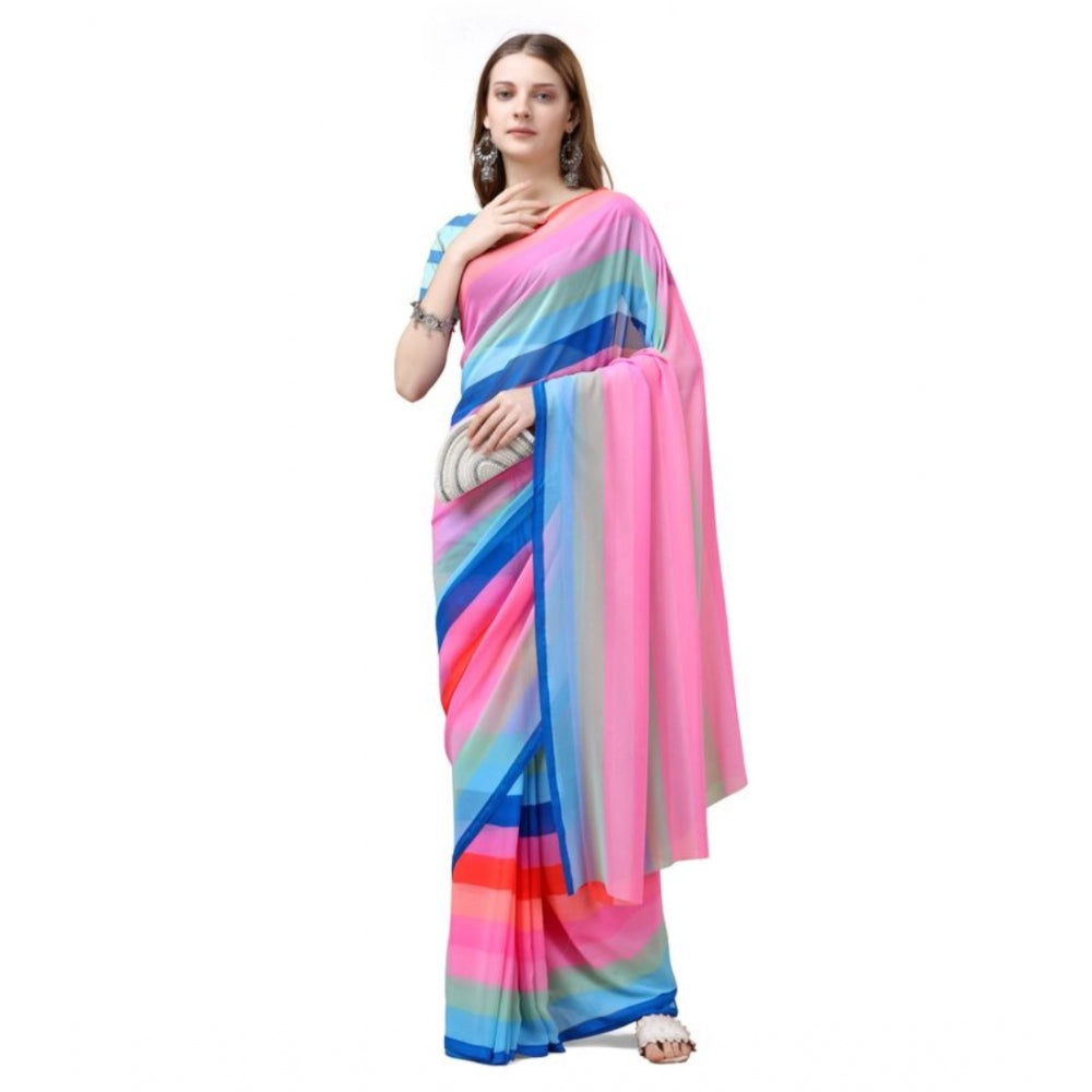 Amfyn Women's Georgette Striped Saree With Unstitched Blouse (Multicolor, 5-5 Mtrs)