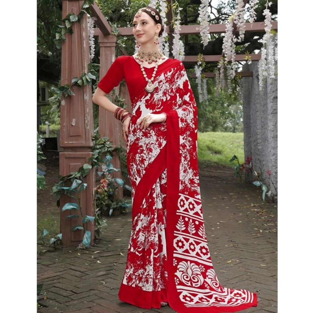 Amfyn Women's Georgette Printed Saree With Unstitched Blouse (Red, 5-5 Mtrs)