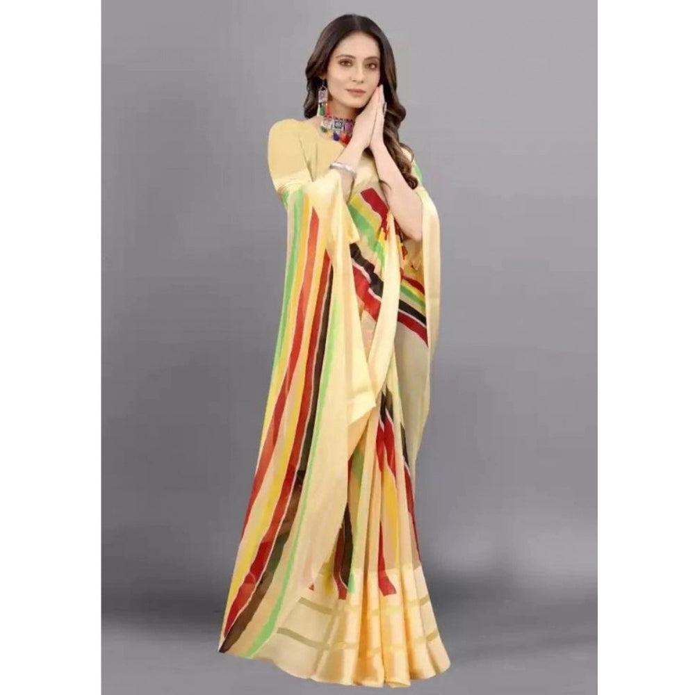 Amfyn Women's Sattin Patta Printed Saree With Unstitched Blouse (Yellow, 5-5 Mtrs)