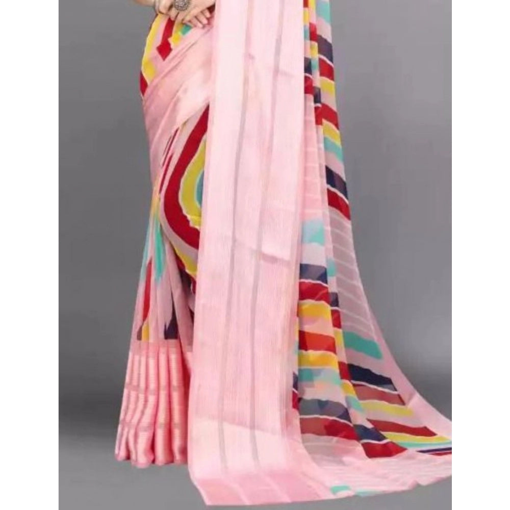 Amfyn Women's Sattin Patta Printed Saree With Unstitched Blouse (Pink, 5-5 Mtrs)