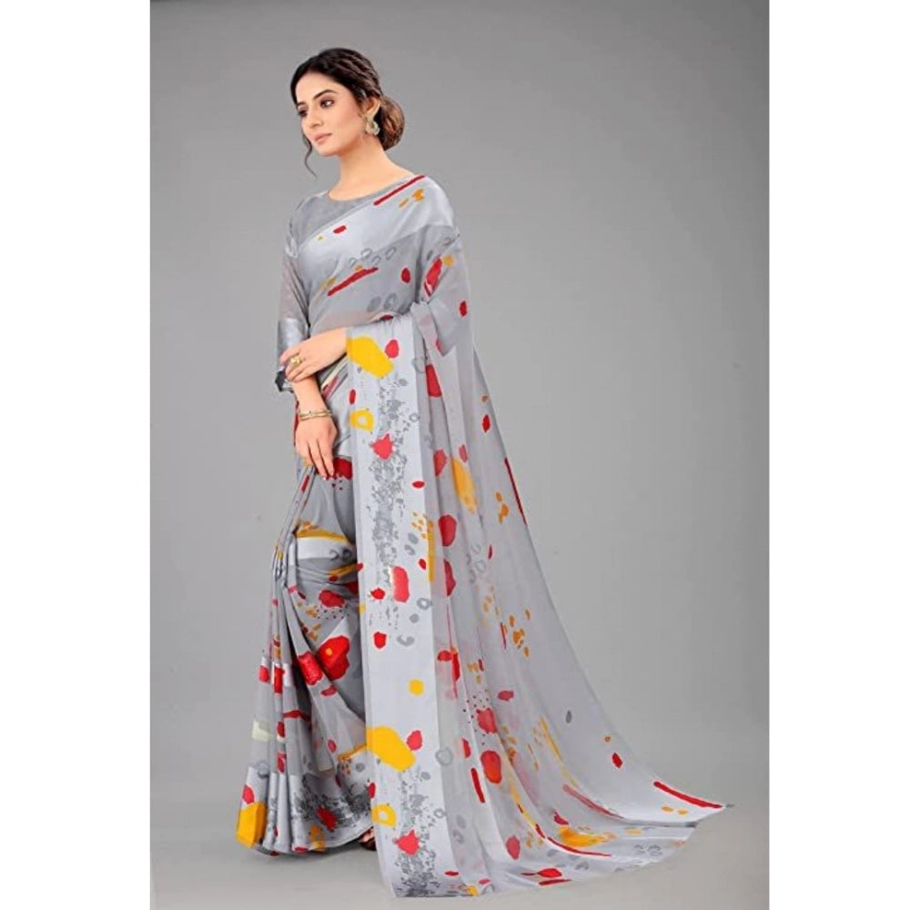 Amfyn Women's Sattin Patta Printed Saree With Unstitched Blouse (Grey, 5-5 Mtrs)