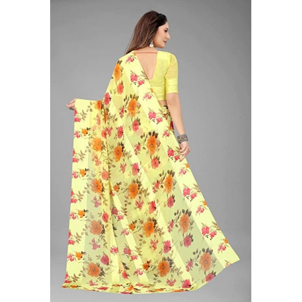 Amfyn Women's Sattin Patta Printed Saree With Unstitched Blouse (Yellow, 5-5 Mtrs)