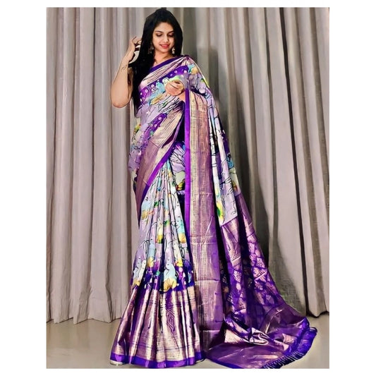 Amfyn Women's Dola Foli Printed Saree With Unstitched Blouse (Purple, 5-5 Mtrs)