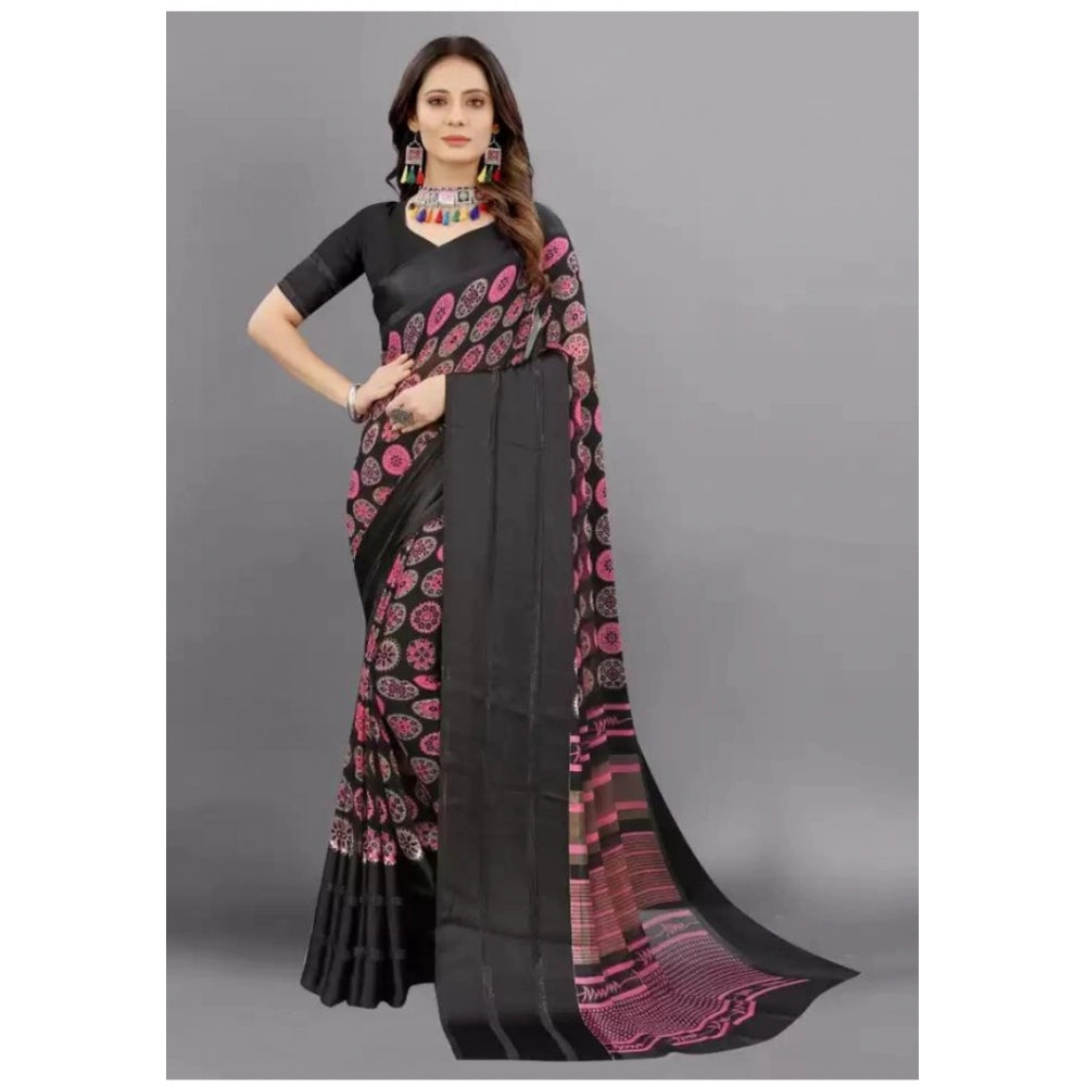 Amfyn Women's Sattin Patta Printed Saree With Unstitched Blouse (Black, 5-5 Mtrs)