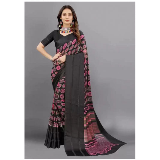 Amfyn Women's Sattin Patta Printed Saree With Unstitched Blouse (Black, 5-5 Mtrs)